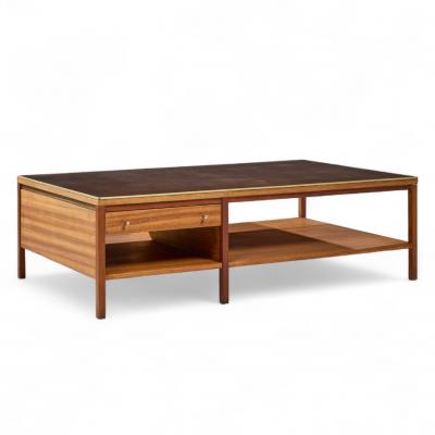 Paul McCobb Paul McCobb for Calvin Mid Century Leather Brass and Mahogany Coffee Table