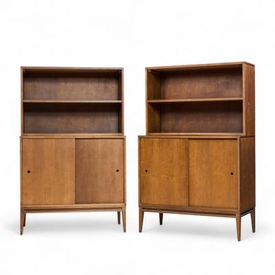 Paul McCobb Paul McCobb for Planner Group Mid Century Sliding Door Cabinet with Hutch Pair