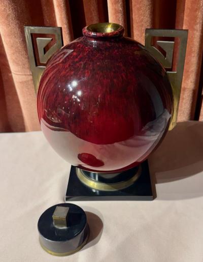 Paul Milet S vres Ceramic Vase with Patinated Metal Mounts by Paul Milet France 1920s