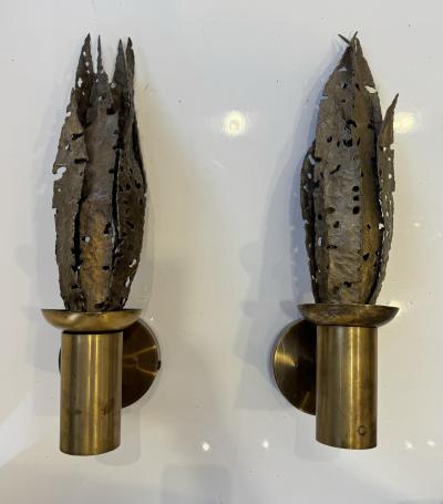 Paul Moerenhout Pair of Paul Moerenhout Belgian Brutalist Bronze 1970s Wall Lamps