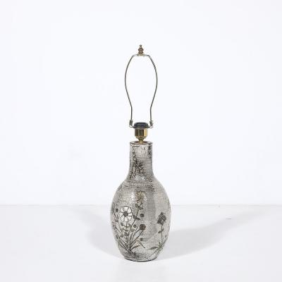 Paul Qu r Mid Century Gray Glazed Ceramic Table Lamp with Floral Motifs by Paul Qu r 