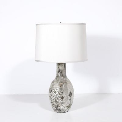 Paul Qu r Mid Century Gray Glazed Ceramic Table Lamp with Floral Motifs by Paul Qu r 