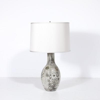 Paul Qu r Mid Century Gray Glazed Ceramic Table Lamp with Floral Motifs by Paul Qu r 