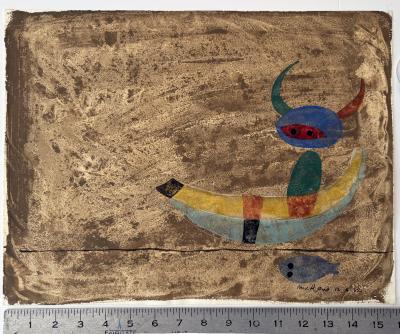 Paul Rand Child like Art Child with Bull Horns in Boat with a Fish
