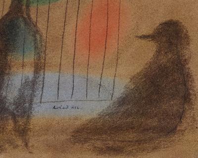 Paul Rand Untitled Wine Bottle and Bird outside of a Bird Cage in Moody Brown