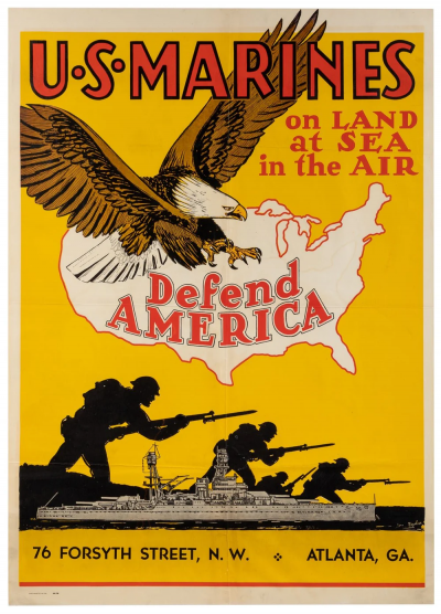 Paul Woyshner U S Marines on Land at Sea in the Air Defend America Vintage WWII Poster