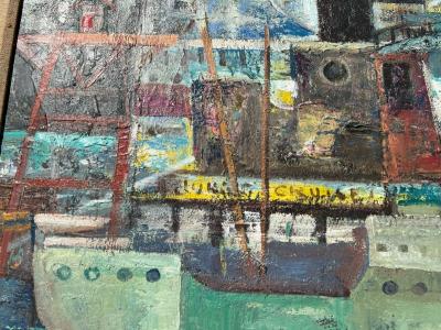 Pauline Graff Mrs Donald Charles Ozmun MODERNIST ABSTRACT CUBIST SHIP PAINTING BY PAULY OZMUN