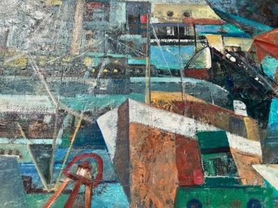 Pauline Graff Mrs Donald Charles Ozmun MODERNIST ABSTRACT CUBIST SHIP PAINTING BY PAULY OZMUN