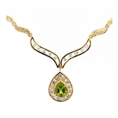 Pear Cut Green Peridot Drop Pendant Necklace with Diamonds in 18K Yellow Gold