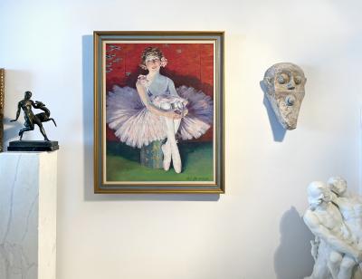 Pearl L Mrs G E Worthington Hill Blond and Blue Eyed Ballerina in Tutu against Chinese Screen