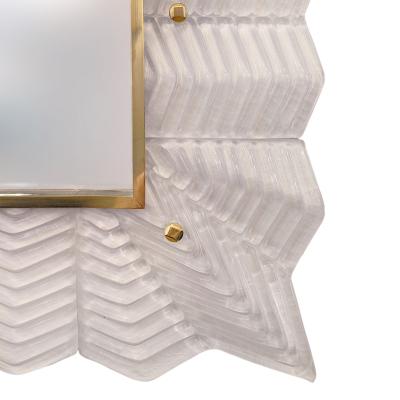 Pearl White Chevron Pattern Murano Glass Mirror with Brass Trim