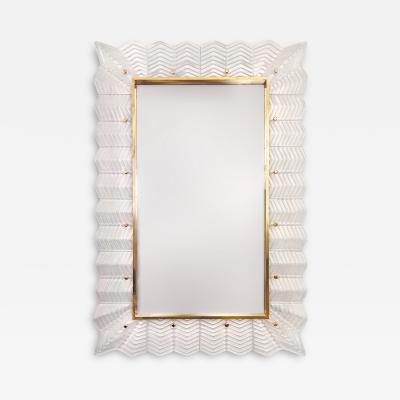 Pearl White Chevron Pattern Murano Glass Mirror with Brass Trim
