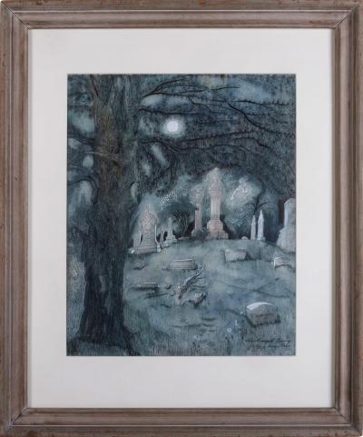Peggy Margaret Frances Bacon Cat Running at Night through Graveyard Original Art Female Illustrator