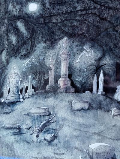 Peggy Margaret Frances Bacon Cat Running at Night through Graveyard Original Art Female Illustrator