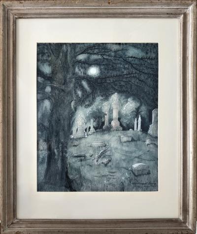 Peggy Margaret Frances Bacon Cat Running at Night through Graveyard Original Art Female Illustrator