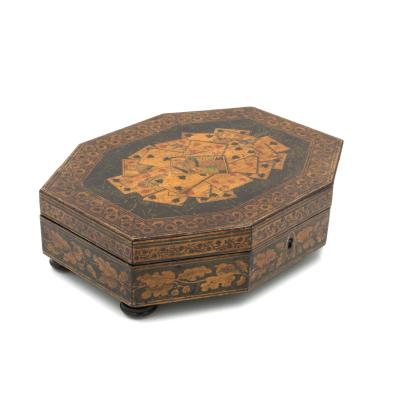 Penwork Games Box w Playing Cards On The Lid English Circa 1840 1850