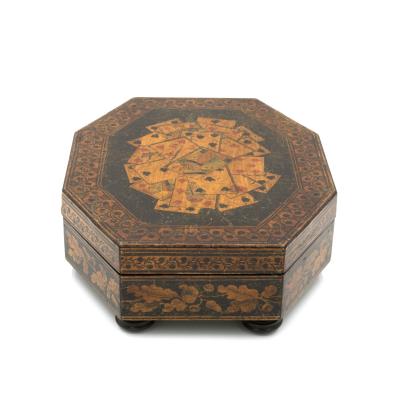 Penwork Games Box w Playing Cards On The Lid English Circa 1840 1850