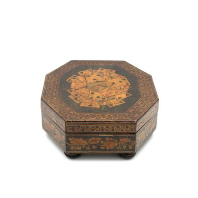 Penwork Games Box w Playing Cards On The Lid English Circa 1840 1850