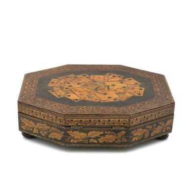 Penwork Games Box w Playing Cards On The Lid English Circa 1840 1850