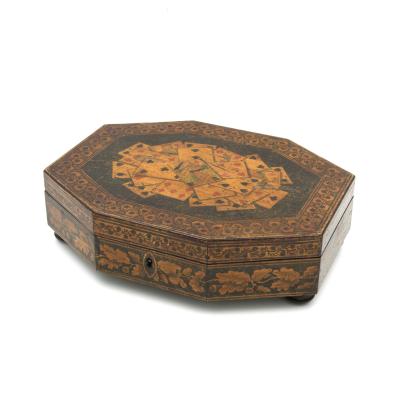 Penwork Games Box w Playing Cards On The Lid English Circa 1840 1850