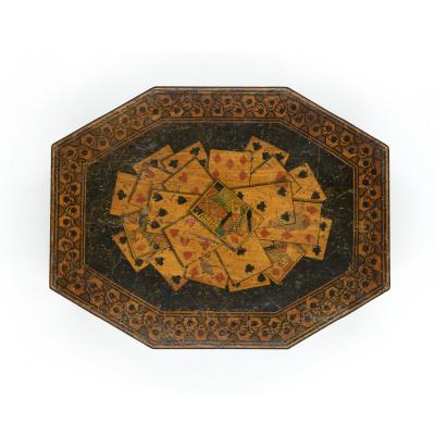 Penwork Games Box w Playing Cards On The Lid English Circa 1840 1850