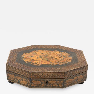 Penwork Games Box w Playing Cards On The Lid English Circa 1840 1850