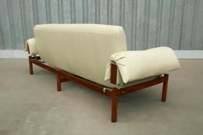 Percival Lafer Midcentury Sofa MP 13 by Percival Lafer in Hardwood Beige Leather 1967 Brasil