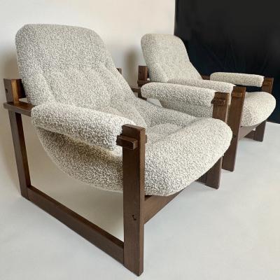 Percival Lafer Pair of Brasilian Wood Beige Wool Boucl MP 163 Earth Chairs by Percival Lafer