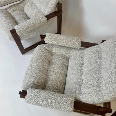 Percival Lafer Pair of Brasilian Wood Beige Wool Boucl MP 163 Earth Chairs by Percival Lafer