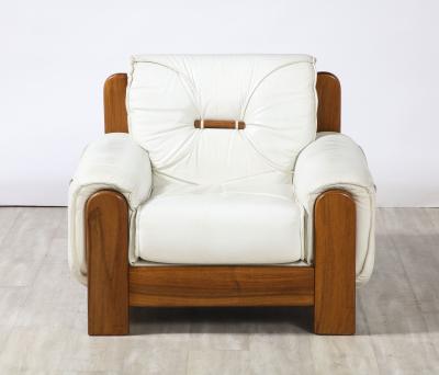 Percival Lafer Pair of Italian 1970s Walnut and White Leather Lounge Chairs