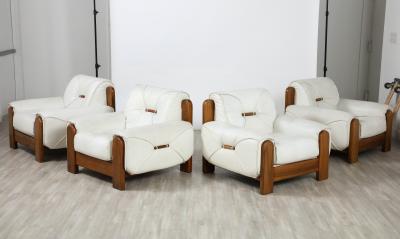 Percival Lafer Pair of Italian 1970s Walnut and White Leather Lounge Chairs