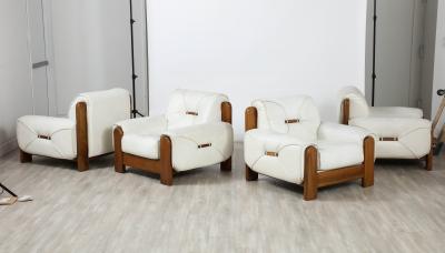 Percival Lafer Set of Four Italian 1970s Walnut and White Leather Lounge Chairs