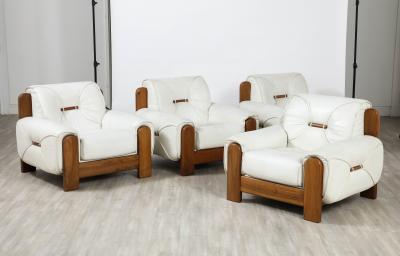 Percival Lafer Set of Four Italian 1970s Walnut and White Leather Lounge Chairs