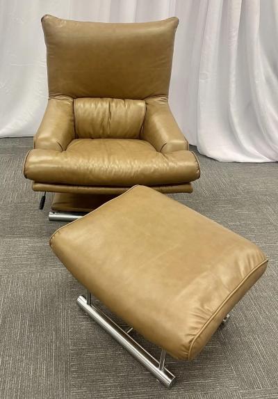 Percival Lafer Vintage Leather Swivel Lounge Chair with Ottoman Percival Lafer Style Steel
