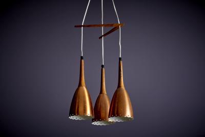 Perforated Copper and Rosewood Cascade Pendant Lamp Denmark 1950s