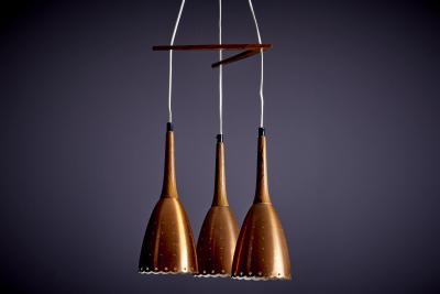 Perforated Copper and Rosewood Cascade Pendant Lamp Denmark 1950s