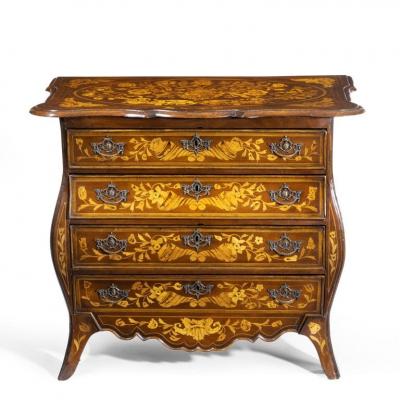 Period Dutch Mahogany Four Drawer Bombe Marquetry Commode 1800