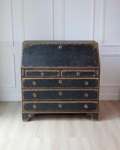 Period Gustavian Slant Front Desk with Black Exterior and Blue Interior
