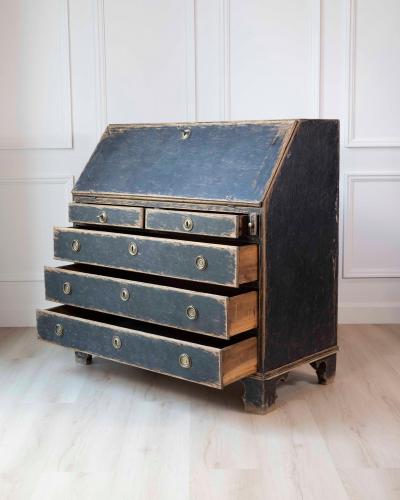 Period Gustavian Slant Front Desk with Black Exterior and Blue Interior