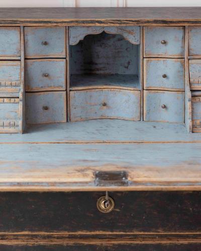 Period Gustavian Slant Front Desk with Black Exterior and Blue Interior