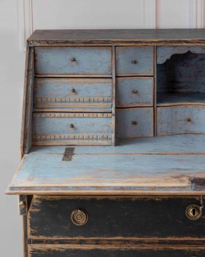 Period Gustavian Slant Front Desk with Black Exterior and Blue Interior