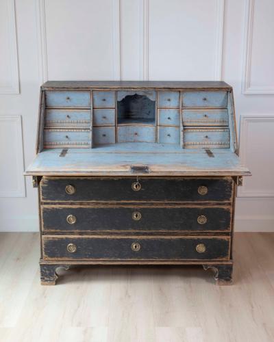 Period Gustavian Slant Front Desk with Black Exterior and Blue Interior