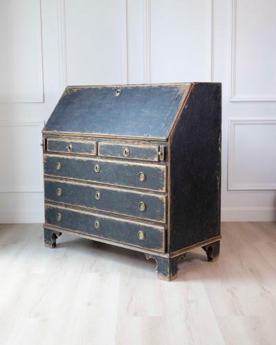 Period Gustavian Slant Front Desk with Black Exterior and Blue Interior