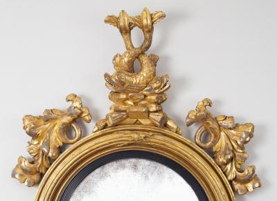 Period Regency Giltwood Convex Mirror with Dolphins