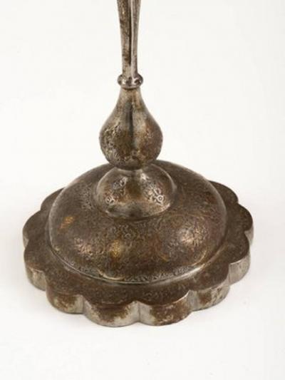 Persian Gold Damascened Qajar Period Steel Mirror Case on Stand