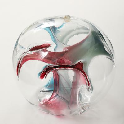 Peter Bramhall Blown Glass Orb Sculpture with Blue and Magenta Threads by Peter Bramhall 1995