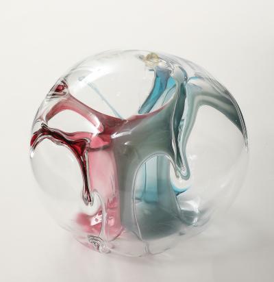 Peter Bramhall Blown Glass Orb Sculpture with Blue and Magenta Threads by Peter Bramhall 1995