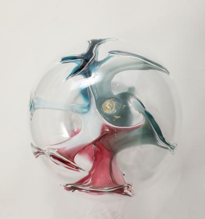 Peter Bramhall Blown Glass Orb Sculpture with Blue and Magenta Threads by Peter Bramhall 1995