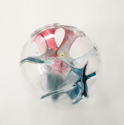Peter Bramhall Blown Glass Orb Sculpture with Blue and Magenta Threads by Peter Bramhall 1995