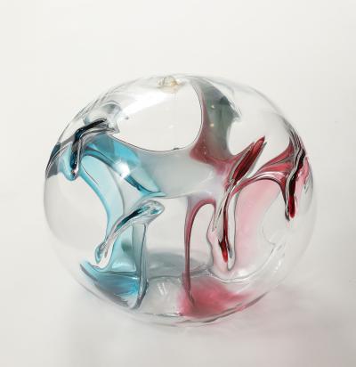 Peter Bramhall Blown Glass Orb Sculpture with Blue and Magenta Threads by Peter Bramhall 1995